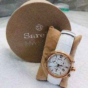 Sarelle watch w white leather strap rose gold